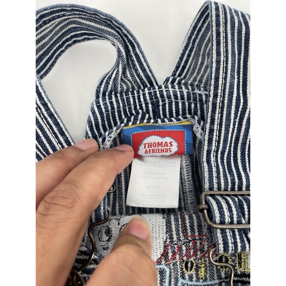 Vintage Y2K Boys Thomas The Train Pinstripe Overalls Denim Jeans Embroidered 18M - Picture 11 of 12